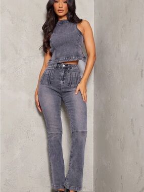 PrettyLittleThing Washed Grey High Waist Jeans and top set